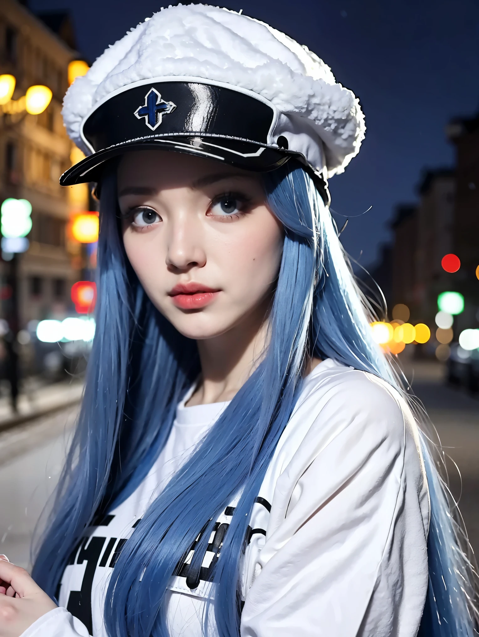 (artwork, best quality) a girl with long blue hair, blue eyes, blue eyelashes, tattoo, big breasts, white sweatshirt with hat, upset, on a street in Russia, snowing, at night