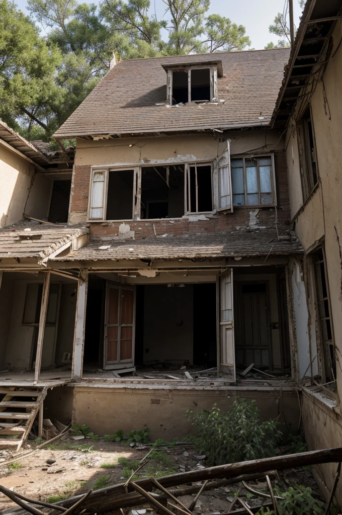 In an abandoned area is seen a large house that has not been inhabited for a long time. The roof of the house appears to have holes. There is also a small tree growing in the crack in the wall of the house.