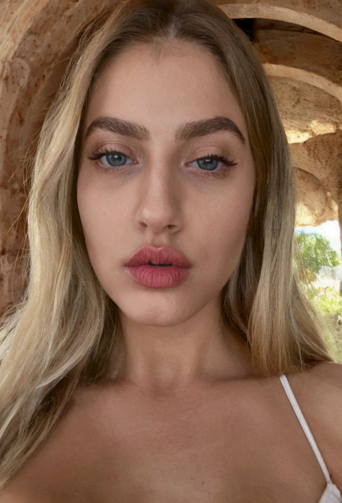 Close-up shot of a gorgeous 25 year old woman from Russia, Long blonde hair, Wearing a spaghetti strap shirt, Athlete, In shape, flexible, silicone breast, Screenshot by Alexis Grimou, Instagram, Letters, Thick lips, Huge lips, sexy lips, big lips, شفاه معززة تBeautifulياً, Huge juicy lips, Violet Myers, Thick red lips, small nose, Big round green eyes, Arched eyebrows, Expressive face, Overrated features, Popular, Beautiful, Attractive