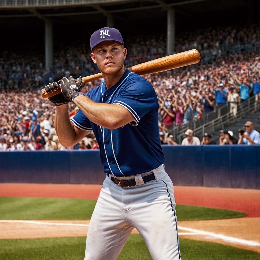 a baseball player, professional baseball player, baseball stadium, baseball diamond, baseball bat, baseball glove, baseball cap, uniform, cleats, athletic, dynamic pose, action shot, baseball game, crowd cheering, sports photography, cinematic lighting, dramatic shadows, vibrant colors, hyperrealistic, 8k, high resolution, photorealistic, detailed texture, depth of field, cinematic composition