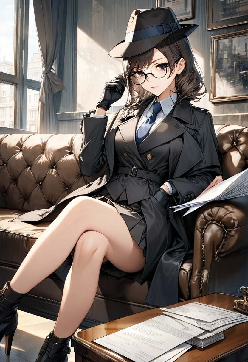masterpiece, best quality, 16k, 2.5D, 1 girl ( black trench coat, suit, skirt, fedora, glasses, cross-legged, sitting on sofa, gloves, necktie, serious, detective), ( table, papers on table ), window, ofice background, Beautiful and extremely fine texture,