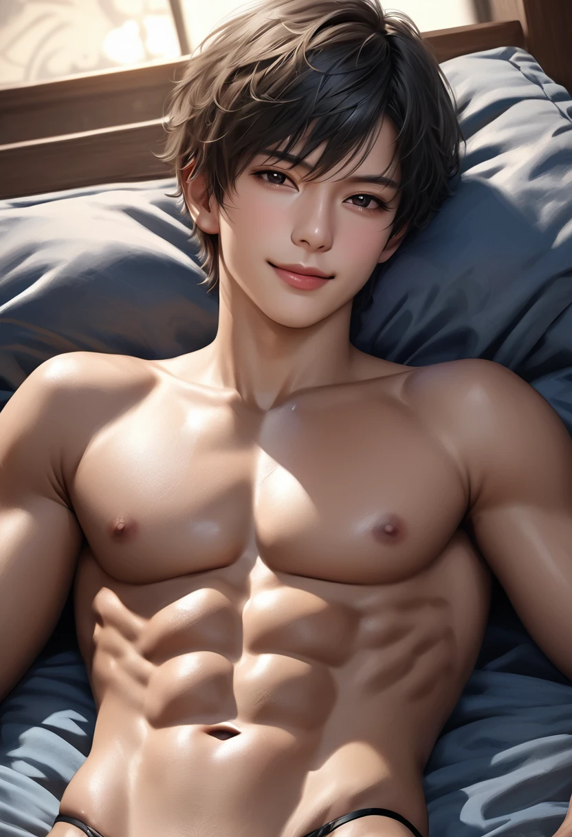 high quality, detailed, Realistic,(2boys:1.5), (18 years old tanned japanese idol boys), (detailed black eyes), (black short hair), (abs), (tanned dark brown skin), night palace bedroom, (black tiny thong), (bulge), (detailed nipples), detailed areola,best quality,4k,8k,highres,masterpiece:1.2),ultra-detailed,(realistic,photorealistic,photo-realistic:1.37), looking at viewer,smirk,laying,face close up, --no watch,