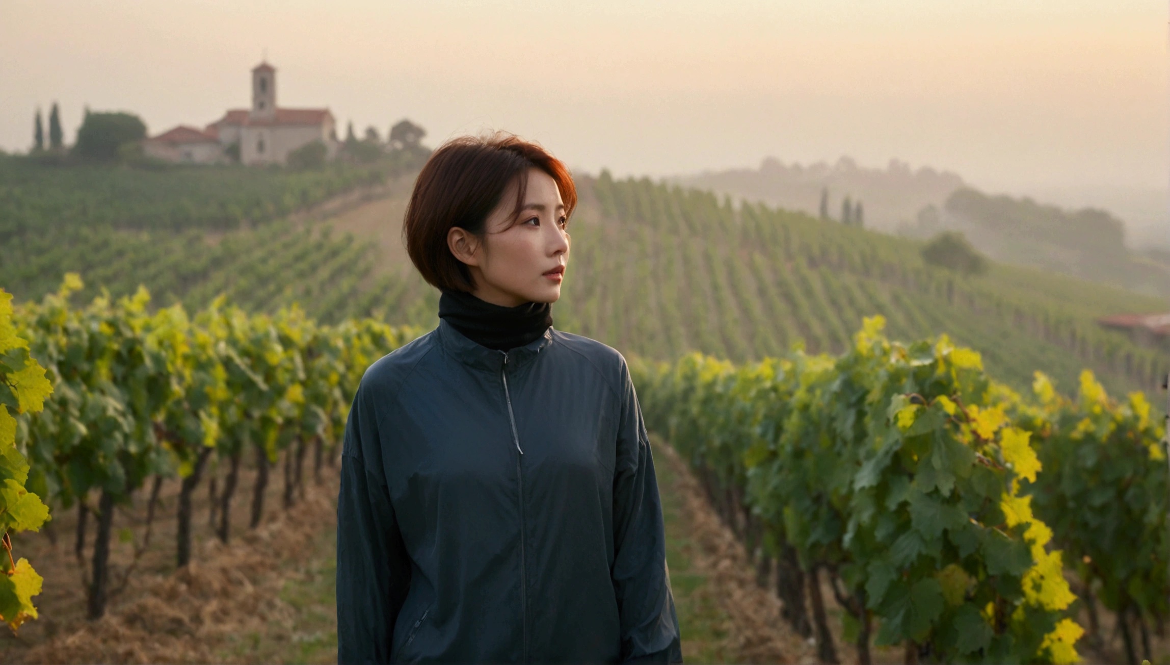 beautiful scenery, 8K Top Quality, Vivid picture quality, 1 woman, Beautiful 36-year-old Korean woman, Chest size 34 inches, italian countryside dawn, Passing through the vineyards, the cathedral can be seen in the distance in the thick fog.. Red sunshine, The background is realistic and vivid quality.., short medium bob hair, sheer turtleneck , windbreaker jacket, Perfect and realistic photos, The background is realistic.. Full body shot with Canon camera 16-35 wide angle lens, expressionless, Looking down on the vineyards from the vineyard hill in thick fog,, Walking towards the front camera