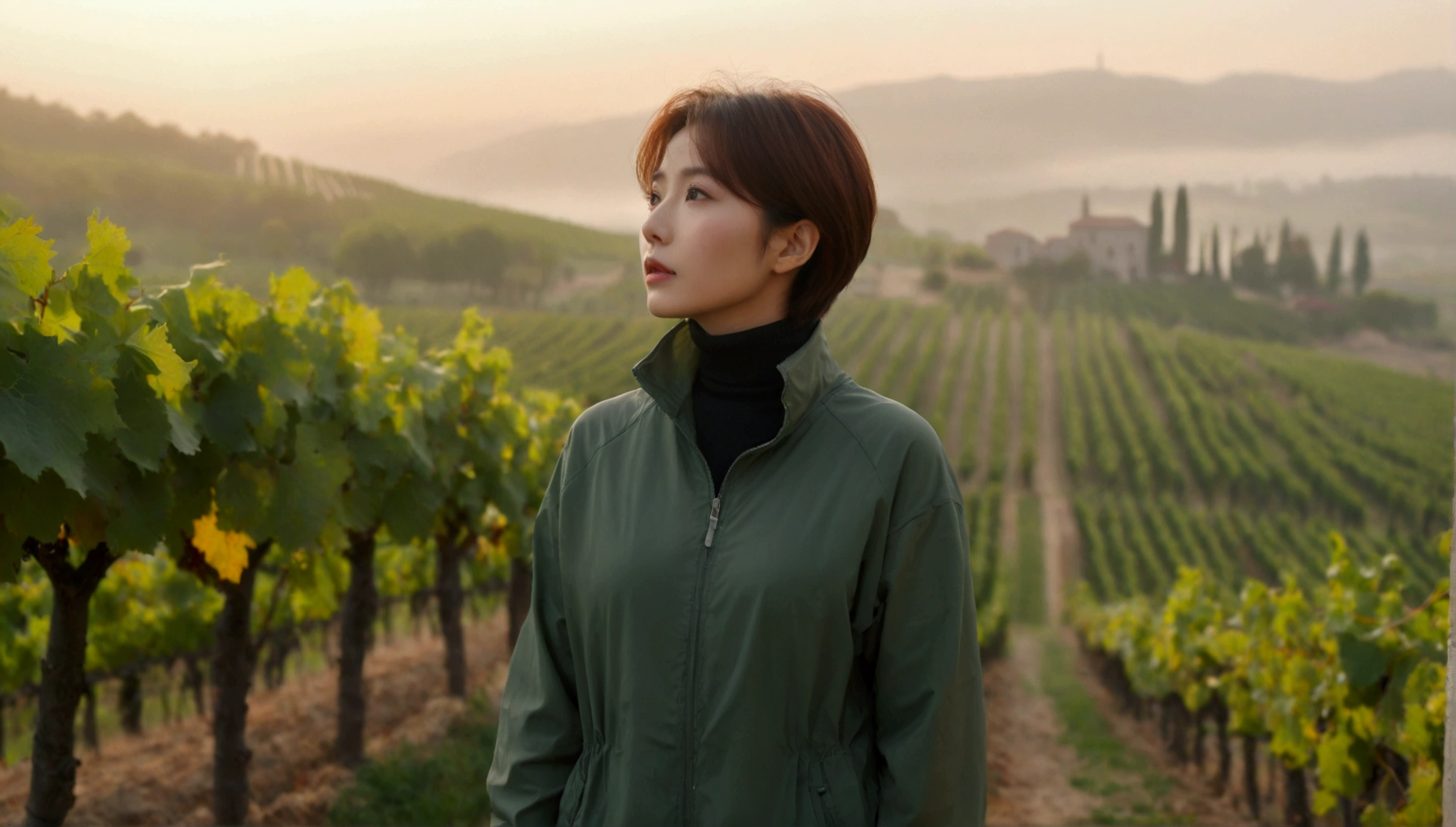 beautiful scenery, 8K Top Quality, Vivid picture quality, 1 woman, Beautiful 36-year-old Korean woman, Chest size 34 inches, italian countryside dawn, Passing through the vineyards, the cathedral can be seen in the distance in the thick fog.. Red sunshine, The background is realistic and vivid quality.., short medium bob hair, sheer turtleneck , windbreaker jacket, Perfect and realistic photos, The background is realistic.. Full body shot with Canon camera 16-35 wide angle lens, expressionless, Looking down on the vineyards from the vineyard hill in thick fog,, Walking towards the front camera