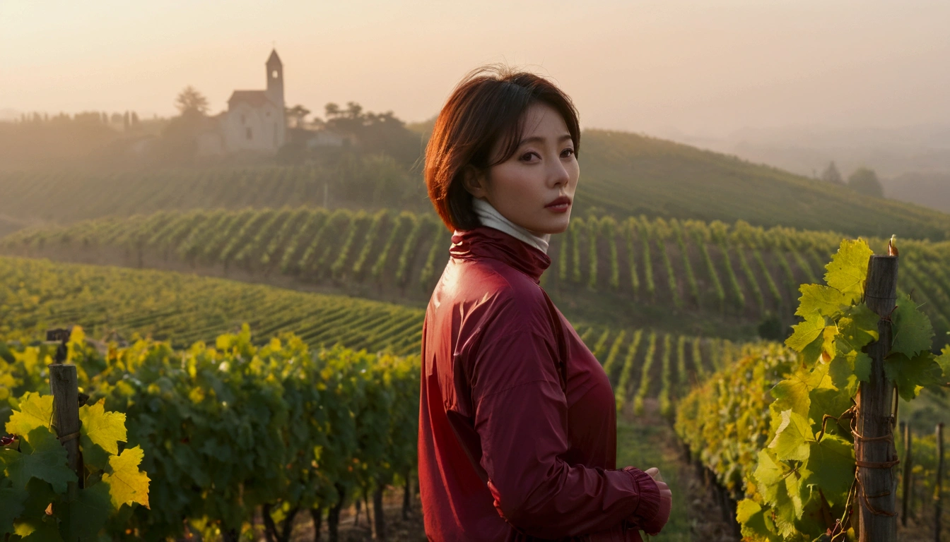 beautiful scenery, 8K Top Quality, Vivid picture quality, 1 woman, Beautiful 36-year-old Korean woman, Chest size 34 inches, italian countryside dawn, Passing through the vineyards, the cathedral can be seen in the distance in the thick fog.. Red sunshine, The background is realistic and vivid quality.., short medium bob hair, sheer turtleneck , windbreaker jacket, Perfect and realistic photos, The background is realistic.. Full body shot with Canon camera 16-35 wide angle lens, expressionless, Looking down on the vineyards from the vineyard hill in thick fog,, Walking towards the front camera