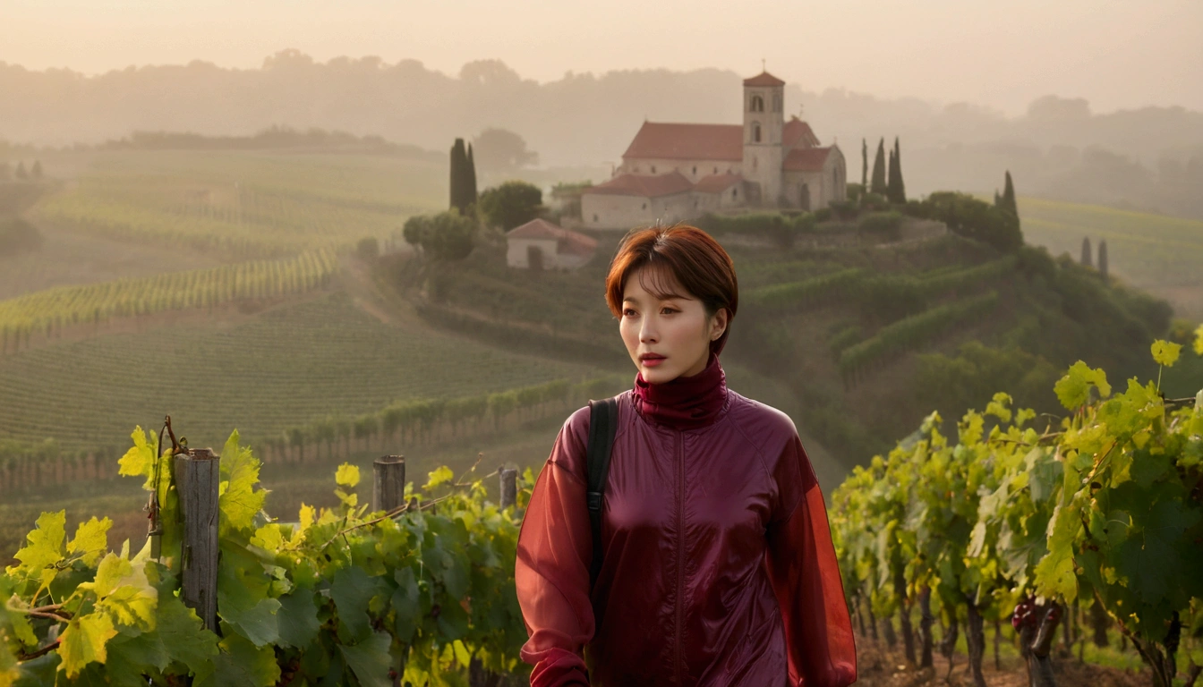 beautiful scenery, 8K Top Quality, Vivid picture quality, 1 woman, Beautiful 36-year-old Korean woman, Chest size 34 inches, italian countryside dawn, Passing through the vineyards, the cathedral can be seen in the distance in the thick fog.. Red sunshine, The background is realistic and vivid quality.., short medium bob hair, sheer turtleneck , windbreaker jacket, Perfect and realistic photos, The background is realistic.. Full body shot with Canon camera 16-35 wide angle lens, expressionless, Looking down on the vineyards from the vineyard hill in thick fog,, Walking towards the front camera