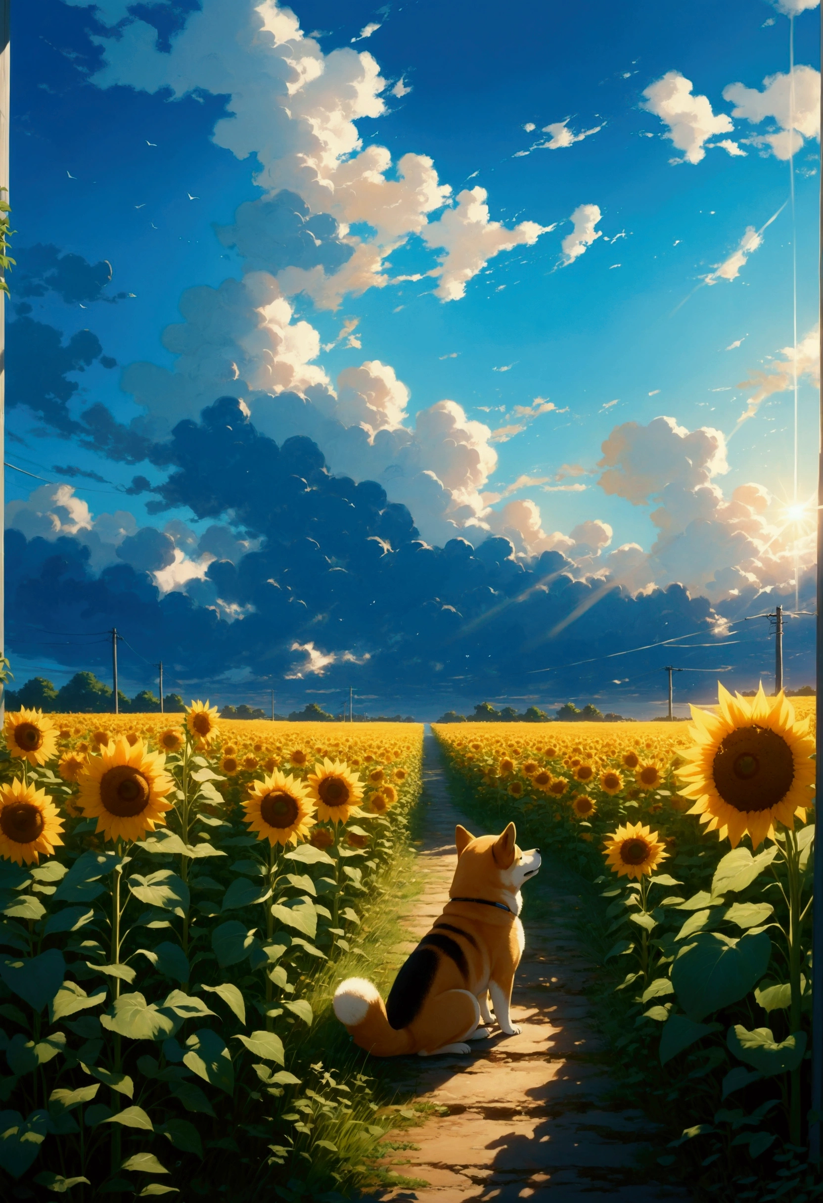 Makoto Shinkai Taste, Beautiful sky, Shiba Inu Puppy, ,Romantic Landscape, Healing scenes, Light pours in,hope, Summer Morning,sunflower, Makoto Shinkai Taste,Detailed Description, 