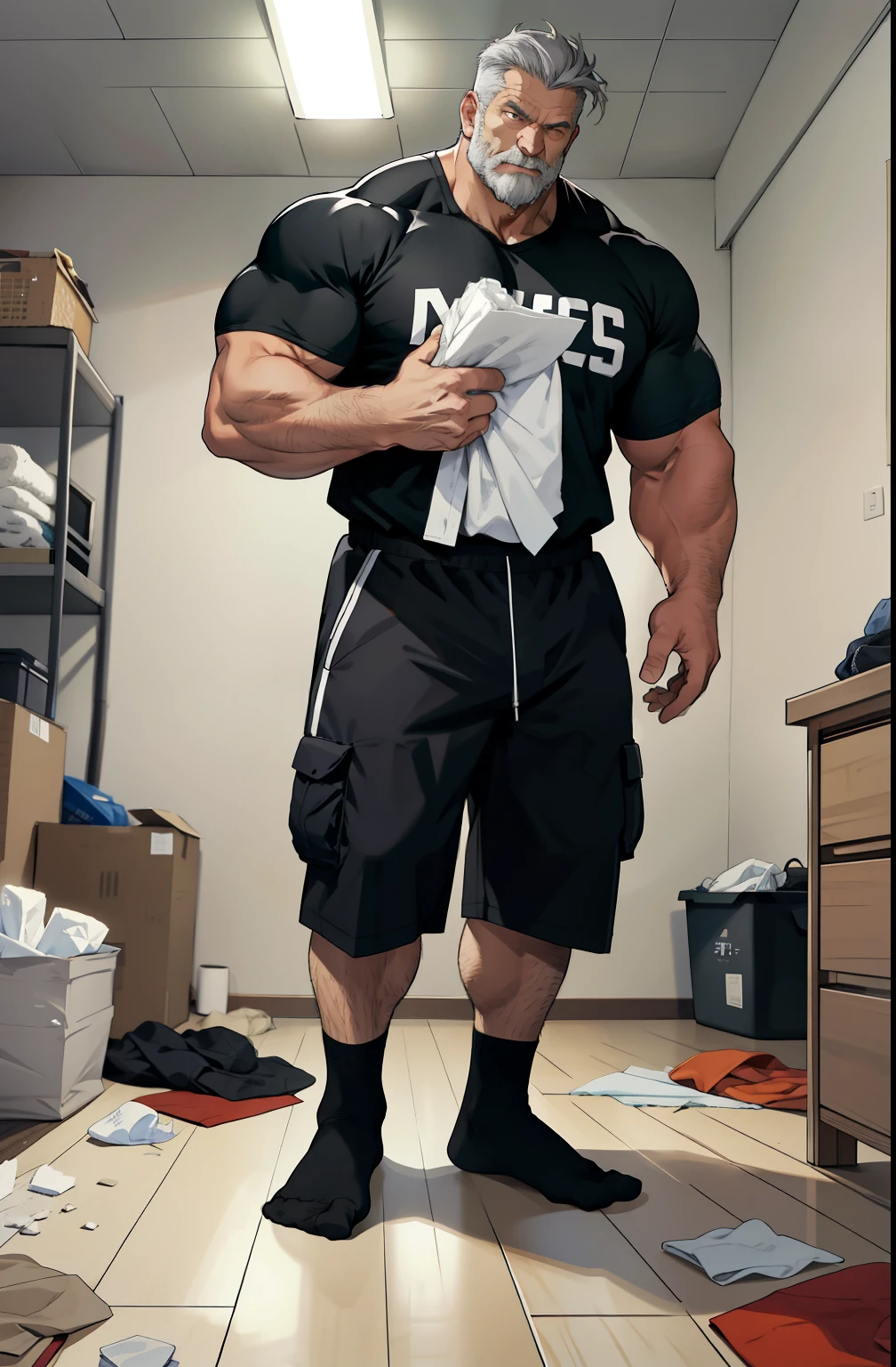 Height 195cm, grandfather, beard, 成熟Muscle Man，Gray hair, 1 second, Strong as an ox, Full of energy, Full of energy, single bedroom, Used tissues everywhere, Clothes are stained，Throw on the floor, The room is messy, Throw the stinky black socks aside, best quality, Japanese, Black only, White socks, bad, masterpiece, Ultra-high resolution, Detailed background, Reality, illustration, single, 1 boy, Muscle Man, Volumetric Lighting, Depth of Field, respite, Hip bulge, Handsome movements, Big news