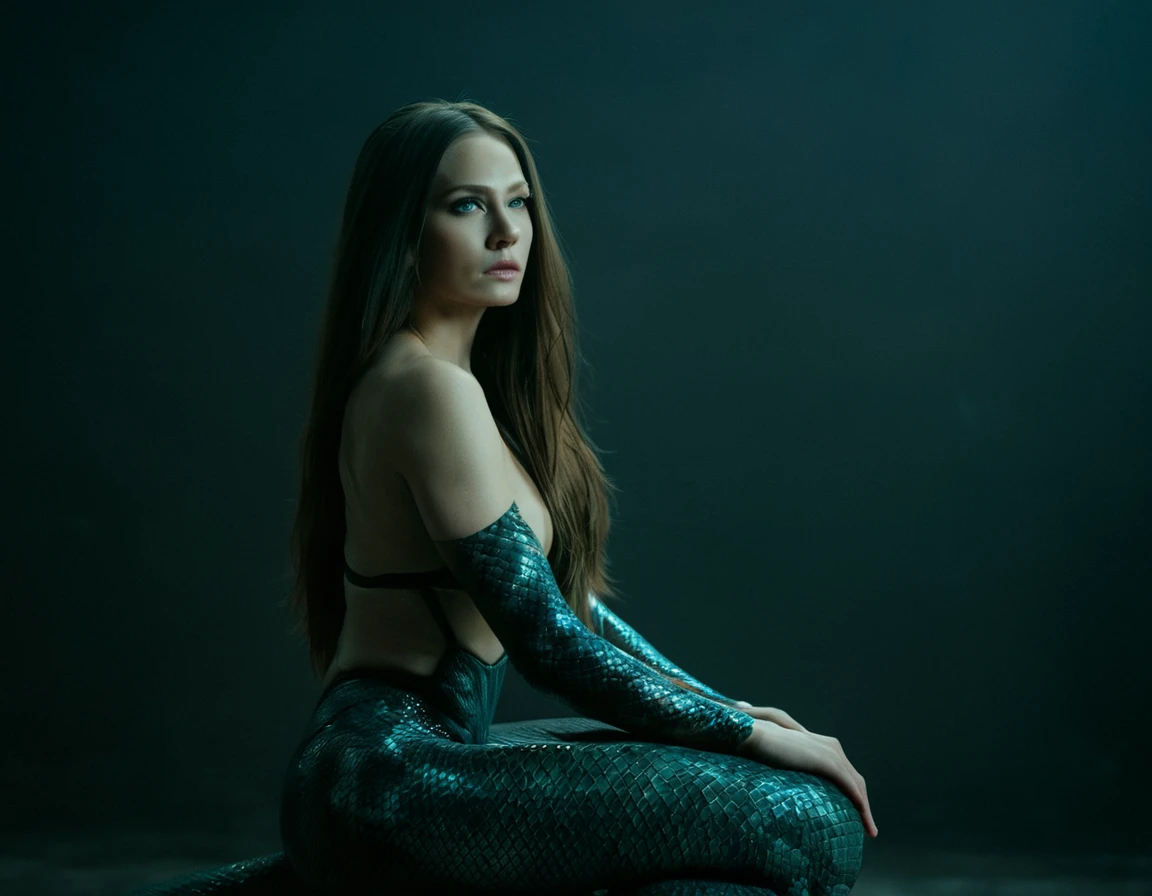 beautiful evil slavic muscular woman, pale skin, long hair, futuristic design, minimal details, photoreal, 200mm, hd, f/ 2.0, highly detailed, surreal, sitting, masterpiece,best quality,original photo,high resolution,Mermaid,snake,portrait,close shot,color,varied actions, cinematic, professional, 4k, (((dynamic model pose))), sitting, full body, mesmerizing, dynamic, dramatic, sensual, dynamic pose, highly detailed skin with hair, subcutaneous veins, light and shadow play, highly detailed,24mm photograph, film, bokeh, professional, 4k,