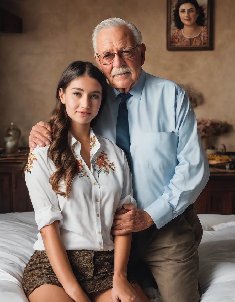 Nsfw, realistic photography art, Extremely realistic, UHD, Focus, ((Best quality, 8K, Raw, Photography realistic:1.6)), (Masterpiece, Extremely high quality), (hyper realistic epic skin:1.5), a grandfather embraces his 18 year old granddaughter with big breasts from behind, the granddaughter is wearing a white button-up shirt facing the camera, the grandfather's right hand is inserted into the woman's/granddaughter's unbuttoned shirt, (intricate:1.5) full body shot portrait, Hyper realistic color balanced, highly detailed, hyper realistic shadow, cinematic lighting, black lighting, Hyper realistic background, hyper realistic for all, ultra detail for all, Ultra clean photo, (perfect photography)