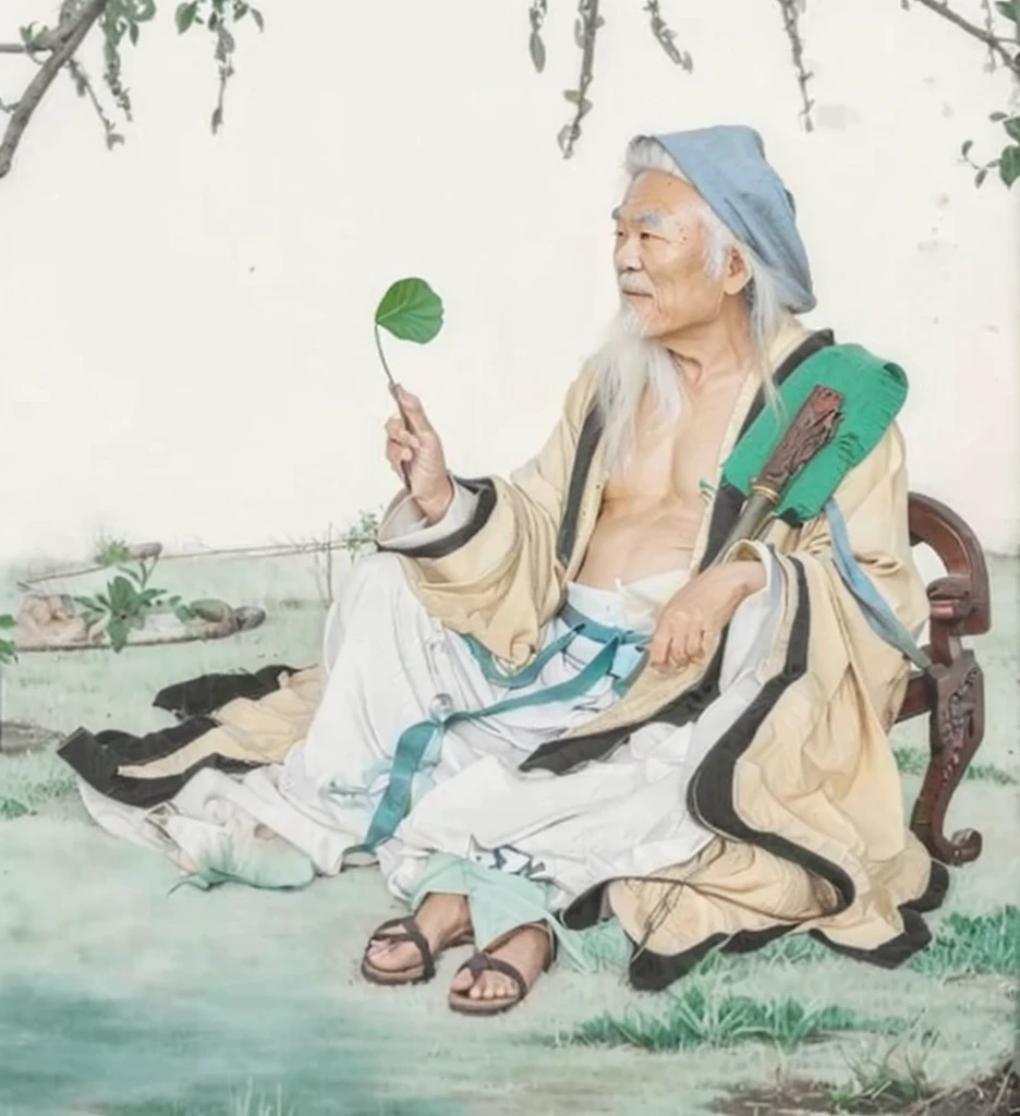 an old chinese man sitting on a grass field, daoist, taoist master,  wearing ancient chinese clothes, Lotus pen in hand, a fan made of green leaf, empty slipper on the floor, grey hat,  show tummy, 