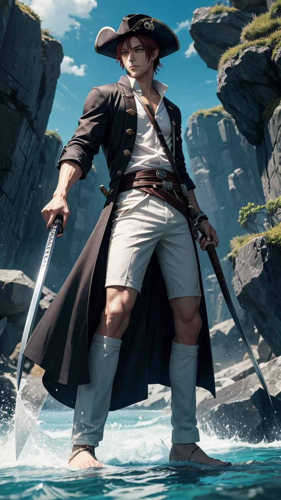 There is a man pirate holding a sword, with a beautiful red pirate hat with dark skin.