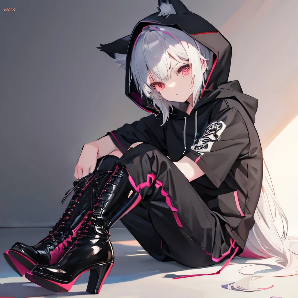 alone,whole body,Shota,Beastman,Wolf,Short sleeve hoodie,pants,
Lace-up long boots,Stiletto heels