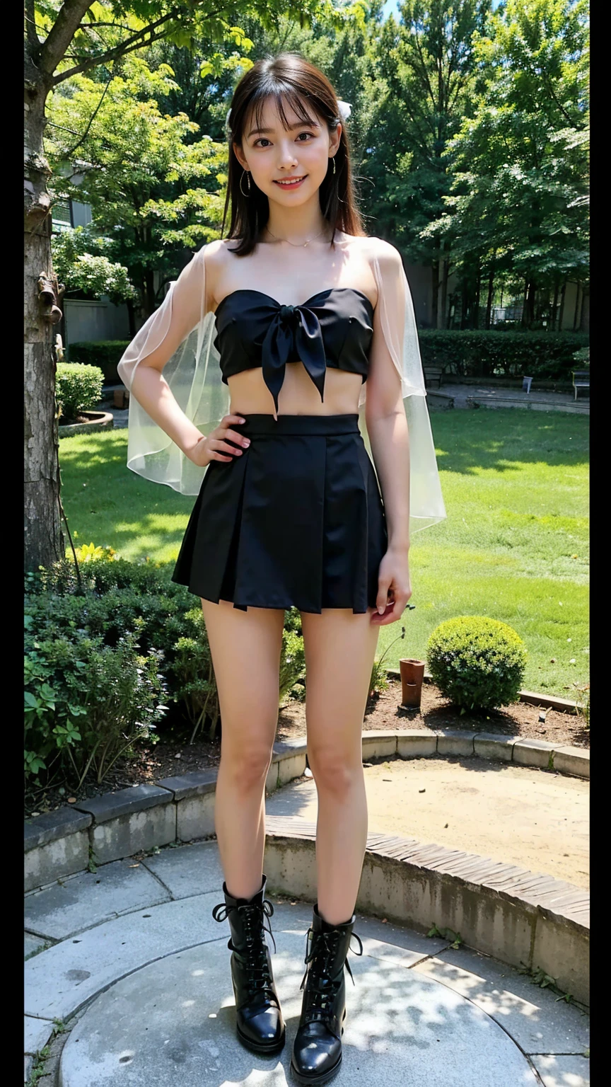 (8K、RAW Photos、Highest quality、masterpiece:1.2)、(Highest quality、Realistic)、1 Girl、((Tube top、mini skirt、Idol Costume、Belly button、ribbon、See-through、black、lame、Thin legs、whole body、boots、garden、View from the front、Looking into the camera、Stand with hands on hips))、cute