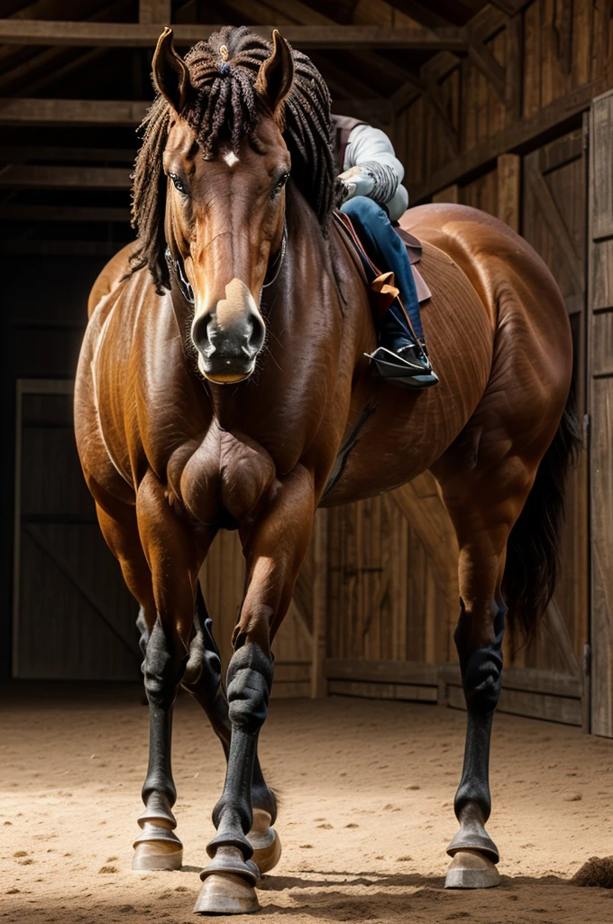 (best quality, 4k, 8k, high resolution, masterpiece:1.39), outside a barn, ultra detallado, (photorealistic rendering, focus on body, focus on equine anatomy:1.4), portrait, profesional, vivid colors, Sharp focus, (studio lighting:1.1), detailed textures, (warm color tone:0.9), (a big man, solo, half-horse, satyr, afroamerican, with hyper equine genitalia, Ebony, thug, dark skin, full view:1.3), nude, facial hair, dreadlocks, (looking at viewer, piercing eyes:1.05), face with strong and defined features, (big muscles, buff, beefy, hyper muscles, sweaty, very hairy, oiled dark skin, body hair, hairy armpits:1.41), horse shaped snout, wide body, full body portrait, (whole body visible, man with equine genitalia, horsecock, medial ring, mottled penis, dark leathery skin:1.34), cresty equine neck, man with horse mane, oversized trapezius, (thick equine sheath:1.22), very detailed equine sheath, (massive equine legs, wider hips, man with equine legs and hooves, powerful hooves, view from the floor:1.07), flared head