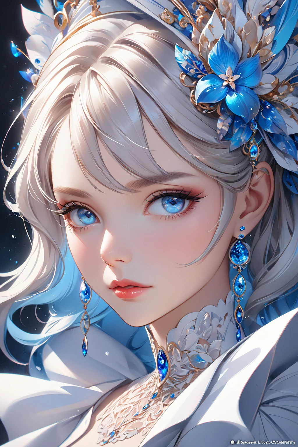 a closeup of a woman with blue eyes wearing a white dress, deviantart art station cgscosiety, Portrait of the CGS society, awesome digital illustration, digital art of an elegant, alexandra fomina art station, digital fantasy portrait, intricate wlop, elegant digital painting, beautiful digital painting, High quality 8K detailed art, in bowater art style