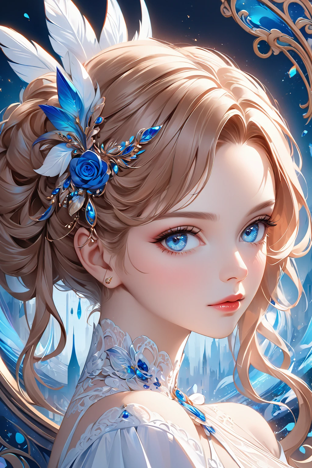 a closeup of a woman with blue eyes wearing a white dress, deviantart art station cgscosiety, Portrait of the CGS society, awesome digital illustration, digital art of an elegant, alexandra fomina art station, digital fantasy portrait, intricate wlop, elegant digital painting, beautiful digital painting, High quality 8K detailed art, in bowater art style