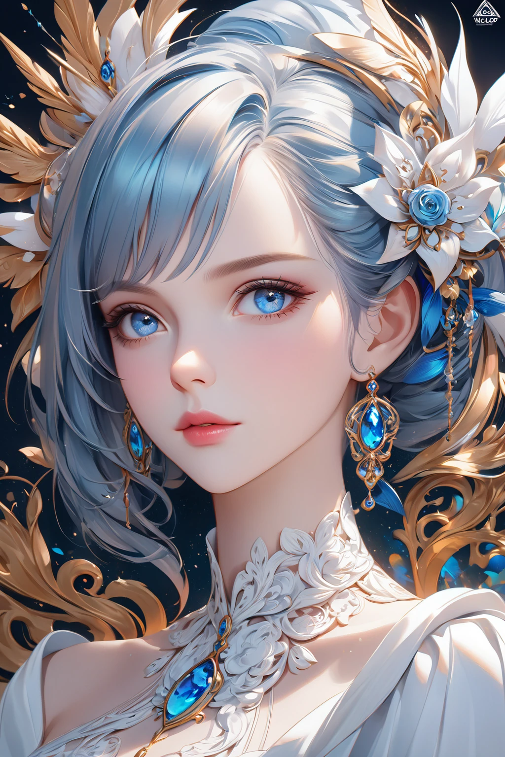 a closeup of a woman with blue eyes wearing a white dress, deviantart art station cgscosiety, Portrait of the CGS society, awesome digital illustration, digital art of an elegant, alexandra fomina art station, digital fantasy portrait, intricate wlop, elegant digital painting, beautiful digital painting, High quality 8K detailed art, in bowater art style