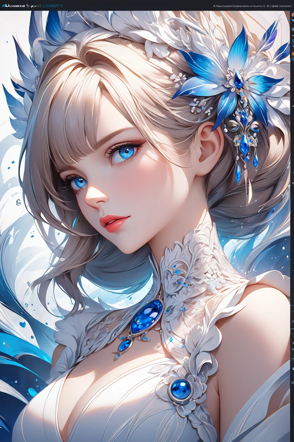 a closeup of a woman with blue eyes wearing a white dress, deviantart art station cgscosiety, Portrait of the CGS society, awesome digital illustration, digital art of an elegant, alexandra fomina art station, digital fantasy portrait, intricate wlop, elegant digital painting, beautiful digital painting, High quality 8K detailed art, in bowater art style