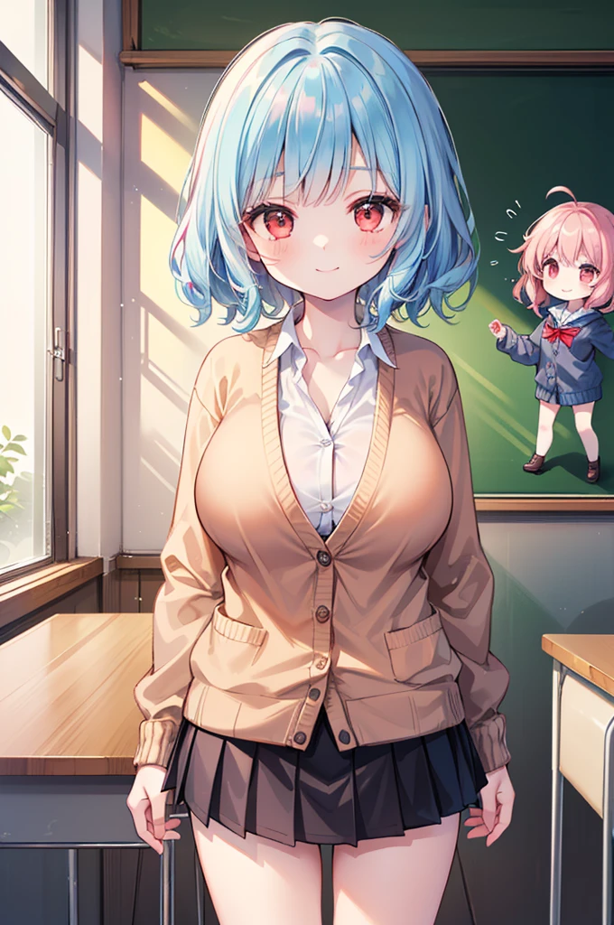 Fantasy,((Masterpiece)),((high resolution)),((Best Quality)),Anime illustration,(((2girls))),((wavy hair),(short hair),(pale pink hair color),small ponytail,Red eyes,(Big round eyes),((tareme)),12 years old,((loli face)),((very big breasts)),Short stature,Young,Petite,Middle school students,cardigan,mini skirt,smile,Ladylike),((wavy hair),(short hair),(pale blue hair color),small ponytail,Red eyes,(Big round eyes),((tareme)),12 years old,((loli face)),((very big breasts)),Short stature,Young,,,cardigan,mini skirt,smile,Ladylike),classroom,