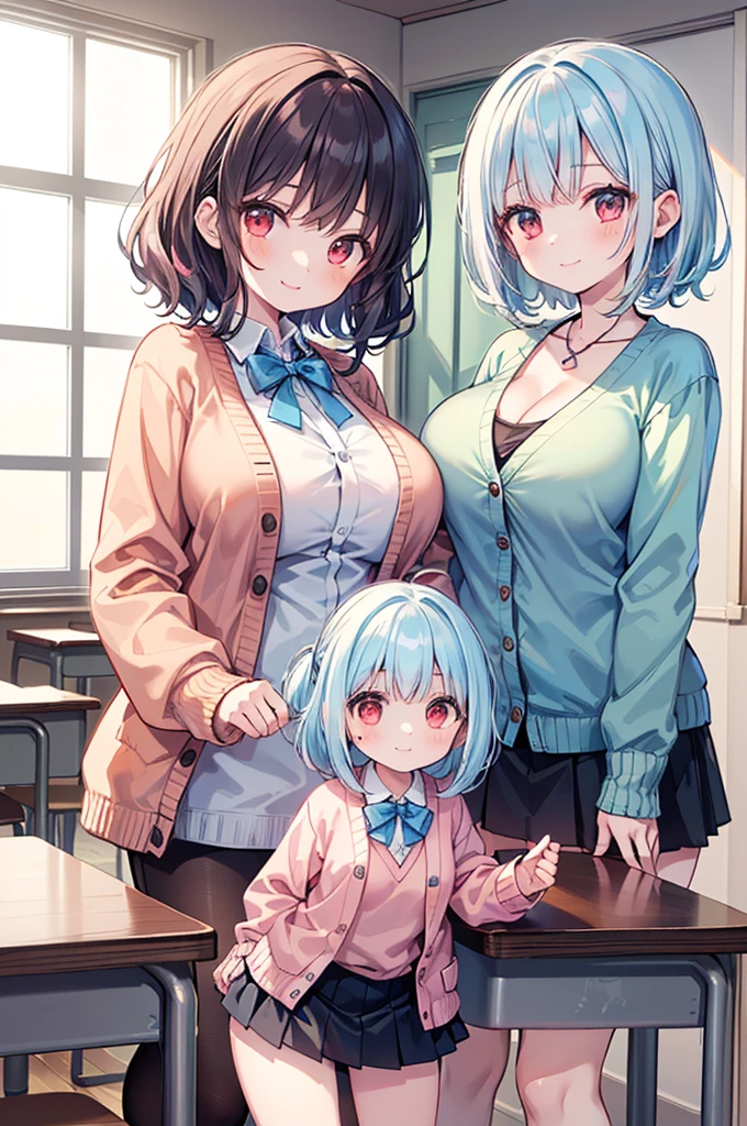 Fantasy,((Masterpiece)),((high resolution)),((Best Quality)),Anime illustration,(((2girls))),((wavy hair),(short hair),(pale pink hair color),small ponytail,Red eyes,(Big round eyes),((tareme)),,((loli face)),((very big breasts)),Short stature,Young,Petite,Middle schooni skirt,smile,Ladylike),((wavy hair),(short hair),(pale blue hair color),small ponytail,Red eyes,(Big round eyes),((tareme)),12 years old,((loli face)),((very ),Short stature,Young,,,cardigan,mini skirt,smile,Ladylike),classroom,