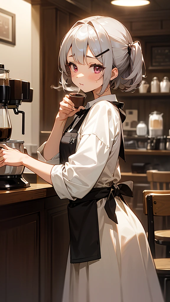 1girl、コーヒーショップで働くgirl、She is making coffee in a machine、Coffee making、Perfect Face、Expressive eyes、Brown apron、Inside the coffee shop、Silver and bob short hairstyle、Tie your hair up with a hair clip、Pink Eyes、Perfect lighting、Warm colors、Tables and chairs、(Relaxed atmosphere)、White shirt、Barista、(The perfect coffee machine)、Steam coming out of the cup, Delicious coffee