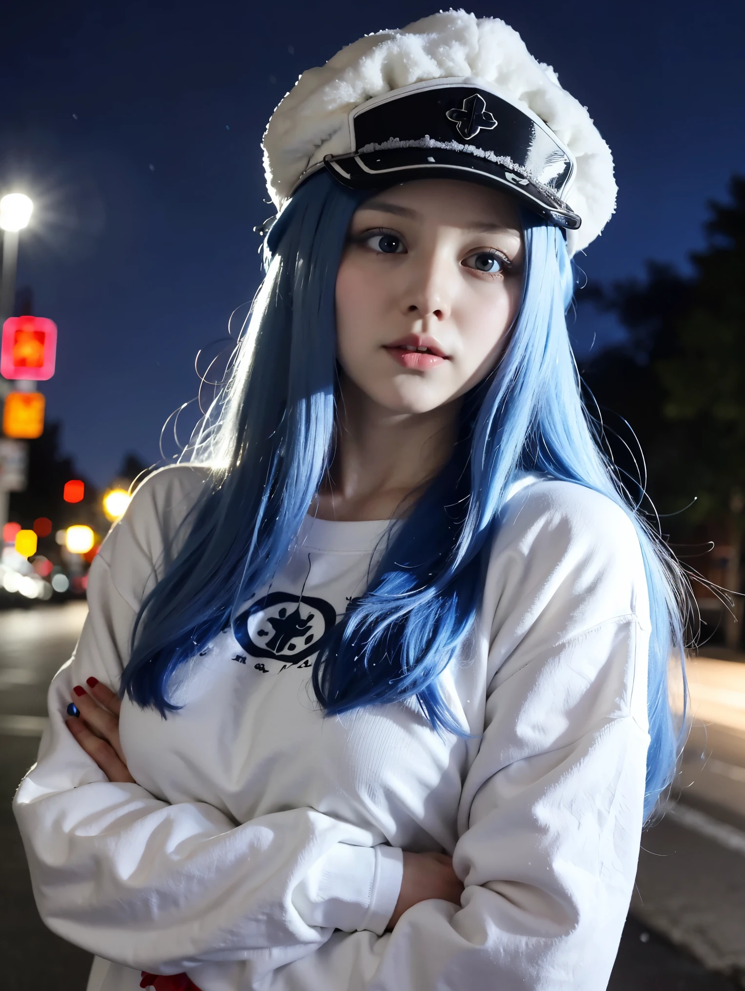 (artwork, best quality) a girl with long blue hair, blue eyes, blue eyelashes, tattoo, big breasts, white sweatshirt with hat, upset, on a street in Russia, snowing, at night