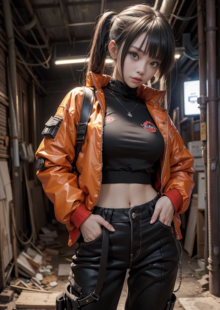 masterpiece, Highest quality, 4K, Ultra-high resolution, Cute girl with an engine chainsaw, Beautiful eyes and fine face, Dirty carpenter pants, Shine, 白 hair, Big red eyes, Expressionless, Black jacket, Chest Rig, cyber punk