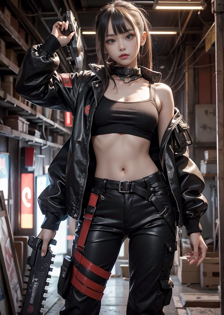 masterpiece, Highest quality, 4K, Ultra-high resolution, Cute girl with an engine chainsaw, Beautiful eyes and fine face, Dirty carpenter pants, Shine, 白 hair, Big red eyes, Expressionless, Black jacket, Chest Rig, cyber punk