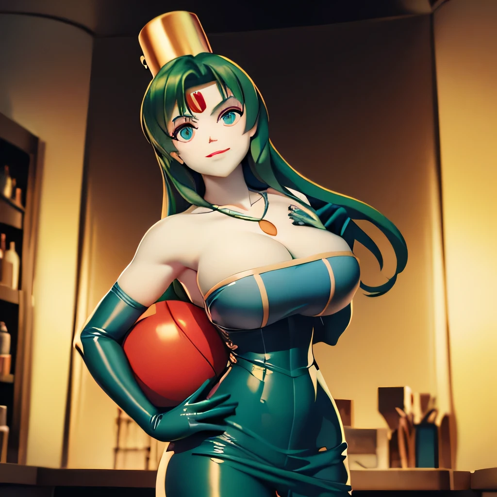(masterpiece,best quality,ultra-delicate,Perfect Face,16k,high resolution,very beautiful woman), Atsugessho:1.3,deep green hair,blue latex bodycon dress, long latex gloves, green tights, (large breasts,seductive pose:1.3), gold headpiece, pale blue skin, red gem on forehead, ((cosmetics counter)), holding large red ball on rope, necklace, smirk, (extremely glossy),cowboy shot