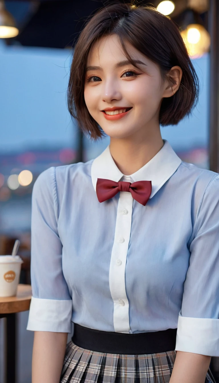 (8K, best quality, masterpiece:1.2), (SFW:1.3), (Practical, photo-Practical:1.37), Extremely detailed, 1 girl,Lovely, Solitary,Beautiful and detailed sky,Detail of cafe,night,sit,Dating,(Red and swollen nose),(Smile:1.1),(Shut up) Medium breasts,Beautiful and delicate eyes,(Collared shirt:1.1), bow tie,Pleated Skirt,(short hair:1.2),Flowing hair