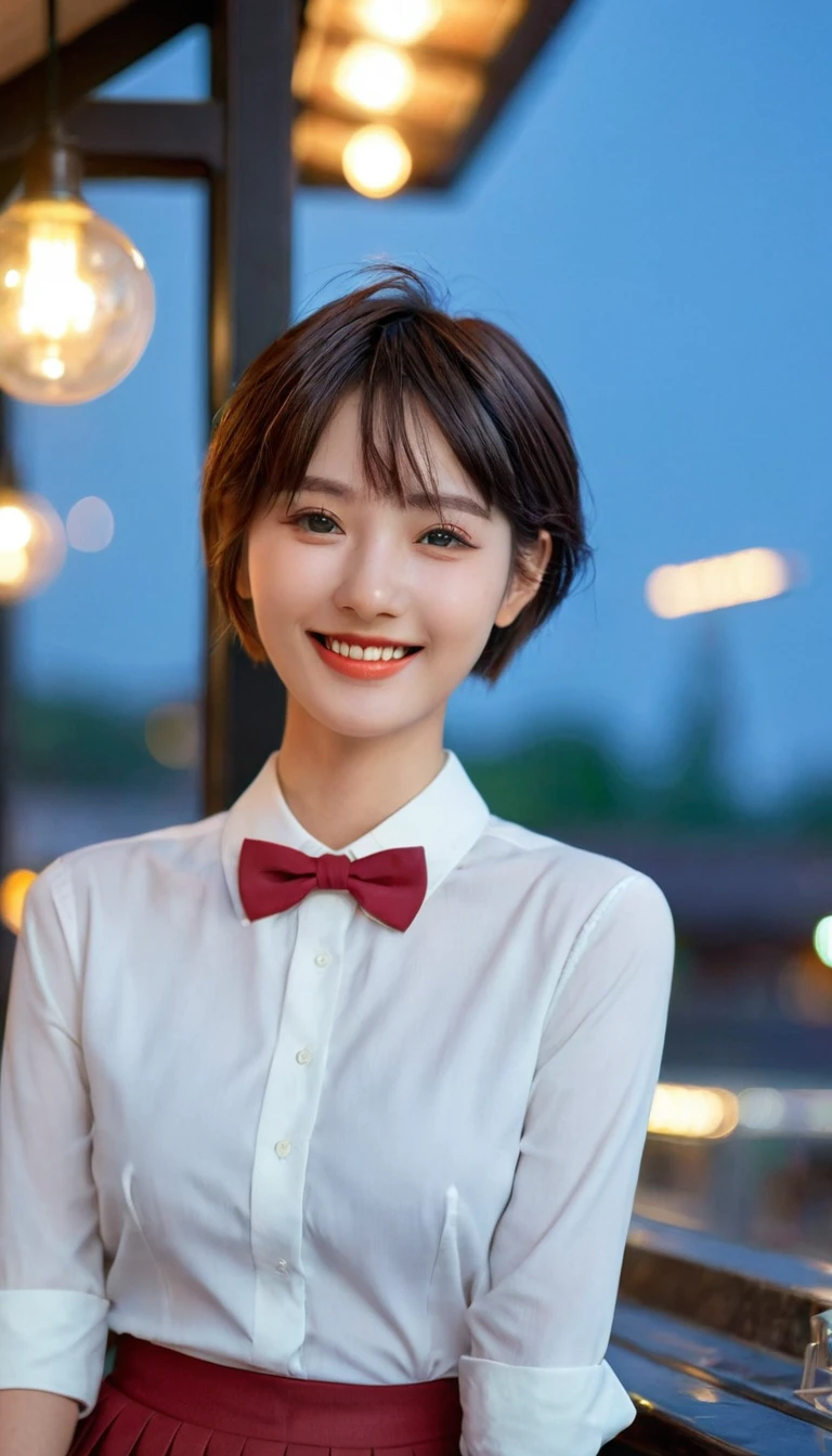 (8K, best quality, masterpiece:1.2), (SFW:1.3), (Practical, photo-Practical:1.37), Extremely detailed, 1 girl,Lovely, Solitary,Beautiful and detailed sky,Detail of cafe,night,sit,Dating,(Red and swollen nose),(Smile:1.1),(Shut up) Medium breasts,Beautiful and delicate eyes,(Collared shirt:1.1), bow tie,Pleated Skirt,(short hair:1.2),Flowing hair