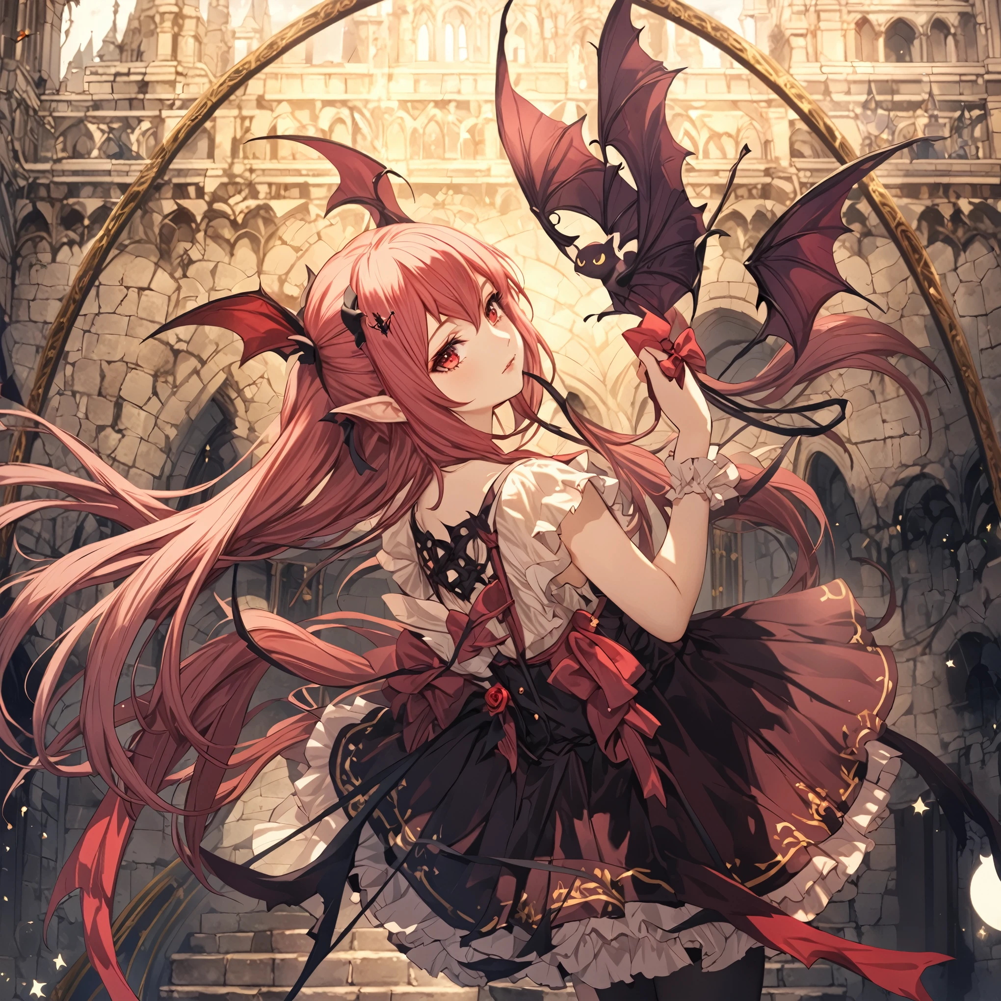 masterpiece, best quality, solo, Fantasy aesthetics, Highly detailed, shadowverse style, dark red hair, cute vampire, very young girl, twin tail hair, closed mouth