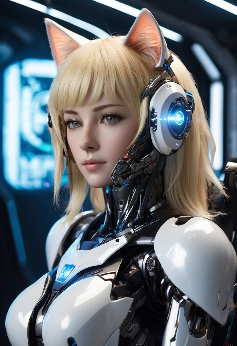 Cat ear、Blonde、Futuristic、Cyber Sense、Good Pose、Real、フォトReal、High resolution、Robot cockpit。