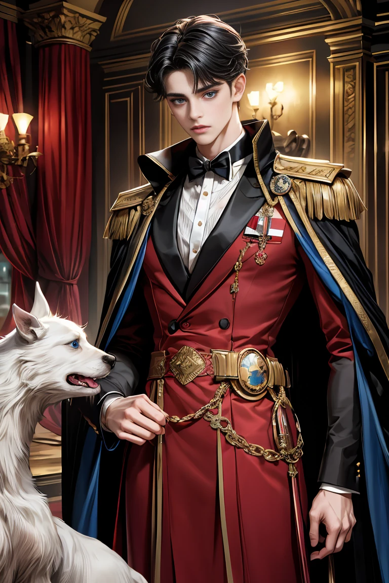 masterpiece, 最high quality, high quality, 1 boy, alone, Male focus, Watching the audience, Messy black hair, Adorable big blue eyes, White people, Noble, Noble,Sexy voluminous black and red cape、Tuxedo、A very voluminous, large, very large, very large, long, long red and black cape with a high stand-up collar, reaching down to the floor, made of a lot of fabric., 17 years old,Cute beautiful boys,Cute, cute, kind, handsome guy