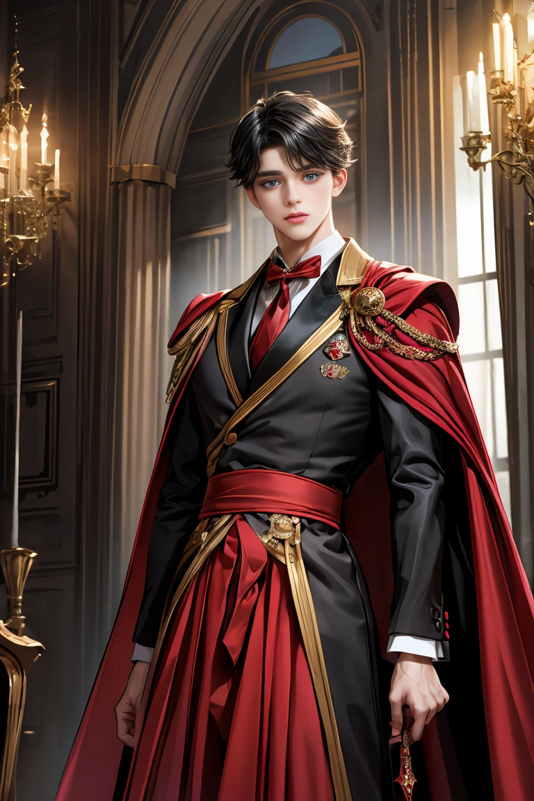 
masterpiece, 最high quality, high quality, 1 boy, alone, Male focus, Watching the audience,  Messy black hair, Adorable big blue eyes, White people, Noble, Noble,Sexy voluminous black and red cape、Tuxedo、A very voluminous, large, very large, very large, long, long red and black cape with a high stand-up collar, reaching down to the floor, made of a lot of fabric., ,Cute beautiful boys,Cute, cute, kind, handsome guy