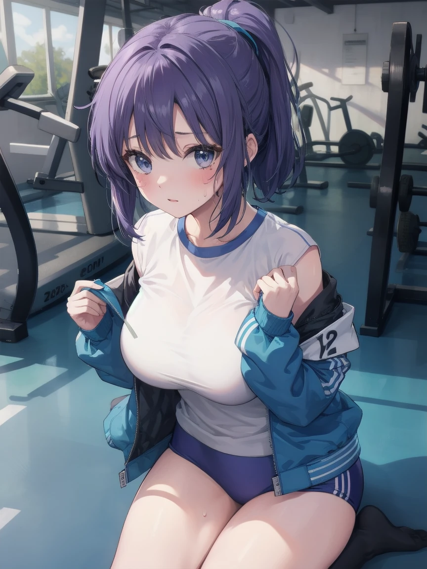 alternate costume, gym uniform, jacket, ponytail, purple hair, bangs, blue eyes, shirt, (big breasts:1.4),short sleeves, sweat, open clothes, black shirt, halo, blue jacket,off shoulder, star \(symbol\), open jacket, track jacket, buruma, id card,sticker on face, yuuka \(blue archive\),yuukaG