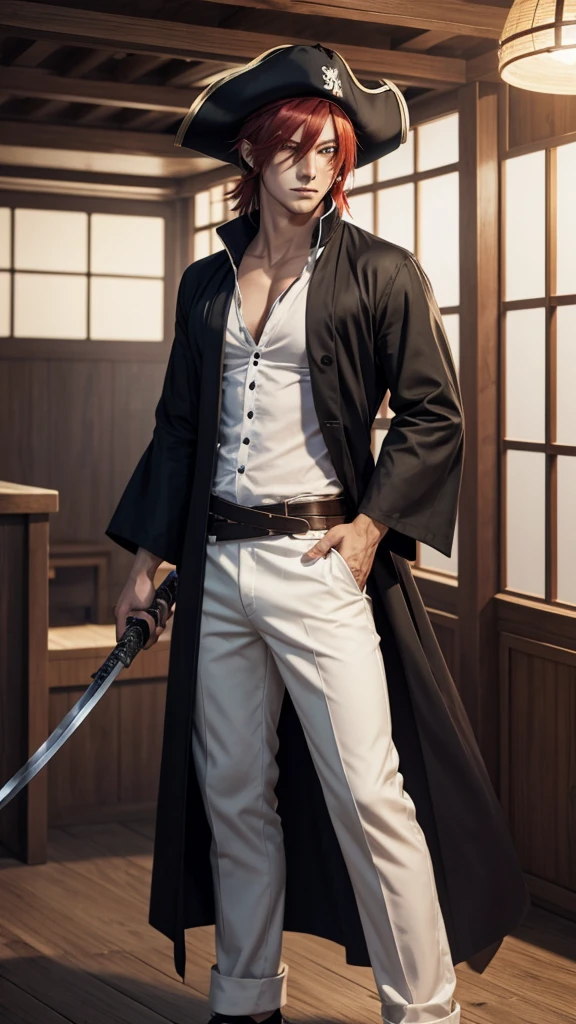 a dashing male anime character with a thin face, handsome, charismatic "shanks" in the "one pice" series wearing a white shirt, short trousers, with a straw hat. as well as three claw scars on the left eye, and holding a pirate katana, and black robes, red hair, gray shorts reaching to his knees, with HD resolution, 8k anime, standing in the middle of the ship.