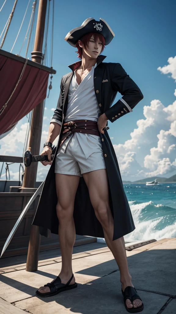 a dashing male anime character with a thin face, handsome, charismatic "shanks" in the "one pice" series wearing a white shirt, short trousers, with a straw hat. as well as three claw scars on the left eye, and holding a pirate katana, and black robes, red hair, gray shorts reaching to his knees, with HD resolution, 8k anime, standing in the middle of the ship.