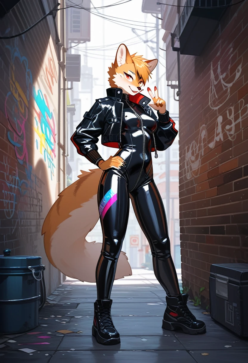 animation, Highest quality, Highest quality, High quality illustrations, masterpiece, Ultra-high resolution, Detailed Background, Alley, Graffiti art on the wall, Absurd, Perfect Anatomy, performance, Good lighting, Shadows in the movies(kemono, Furry Personifi猫ion), Rubber suit, latex, neon, neonライト, neonカラー, Bodysuits, Cyber Suit, Leather Half Jacket, cyber punk, Leaning against the wall