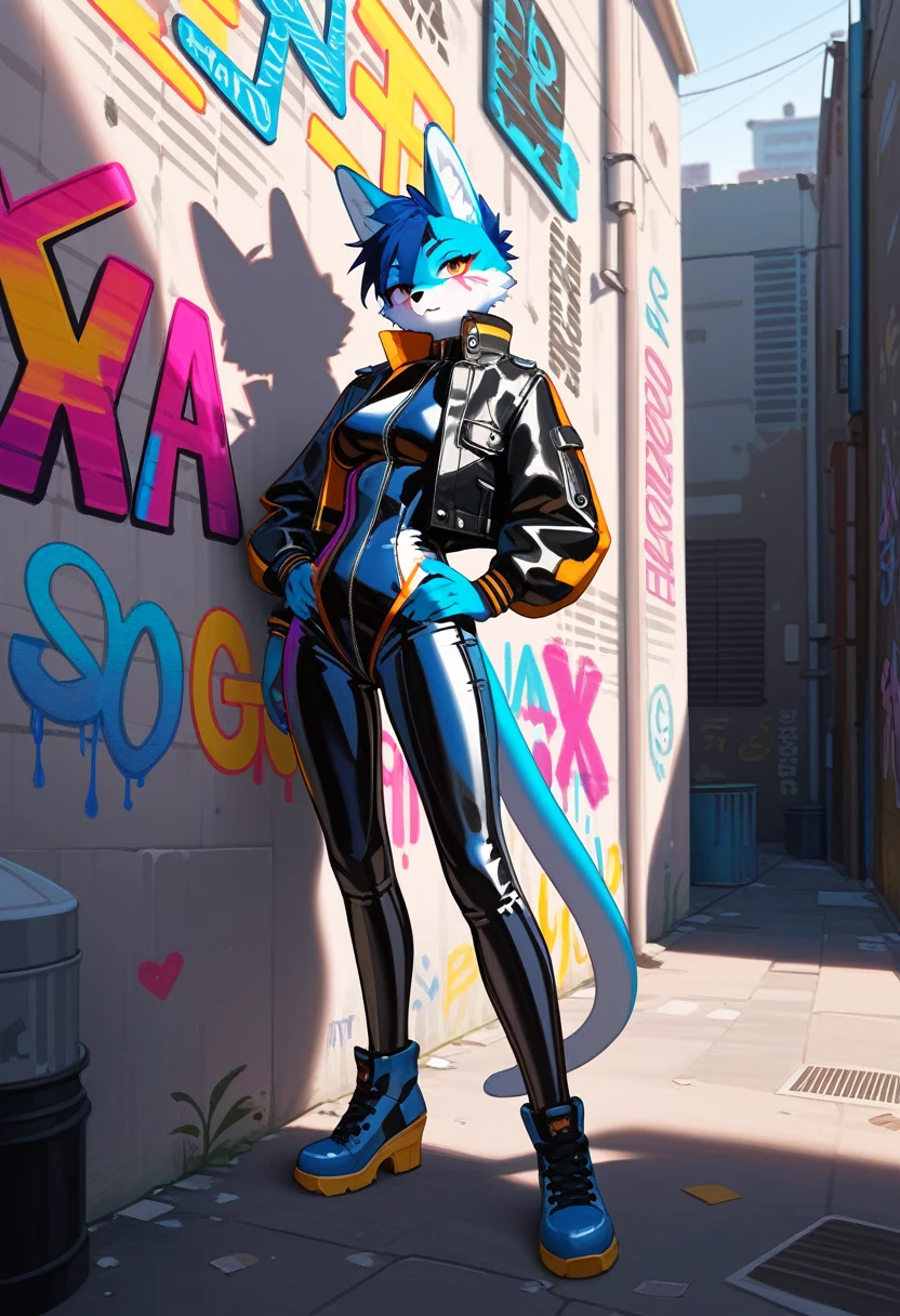 animation, Highest quality, Highest quality, High quality illustrations, masterpiece, Ultra-high resolution, Detailed Background, Alley, Graffiti art on the wall, Absurd, Perfect Anatomy, performance, Good lighting, Shadows in the movies(kemono, Furry Personifi猫ion), Rubber suit, latex, neon, neonライト, neonカラー, Bodysuits, Cyber Suit, Leather Half Jacket, cyber punk, Leaning against the wall