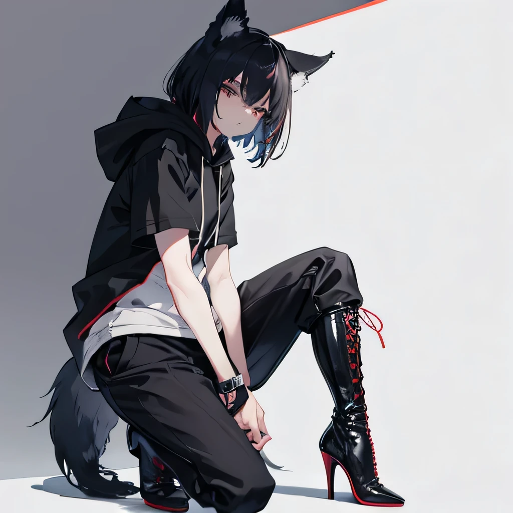 Shadow,alone,whole body,Shota,Beastman,Wolf,Short sleeve hoodie,pants,
Lace-up long boots,Stiletto heels