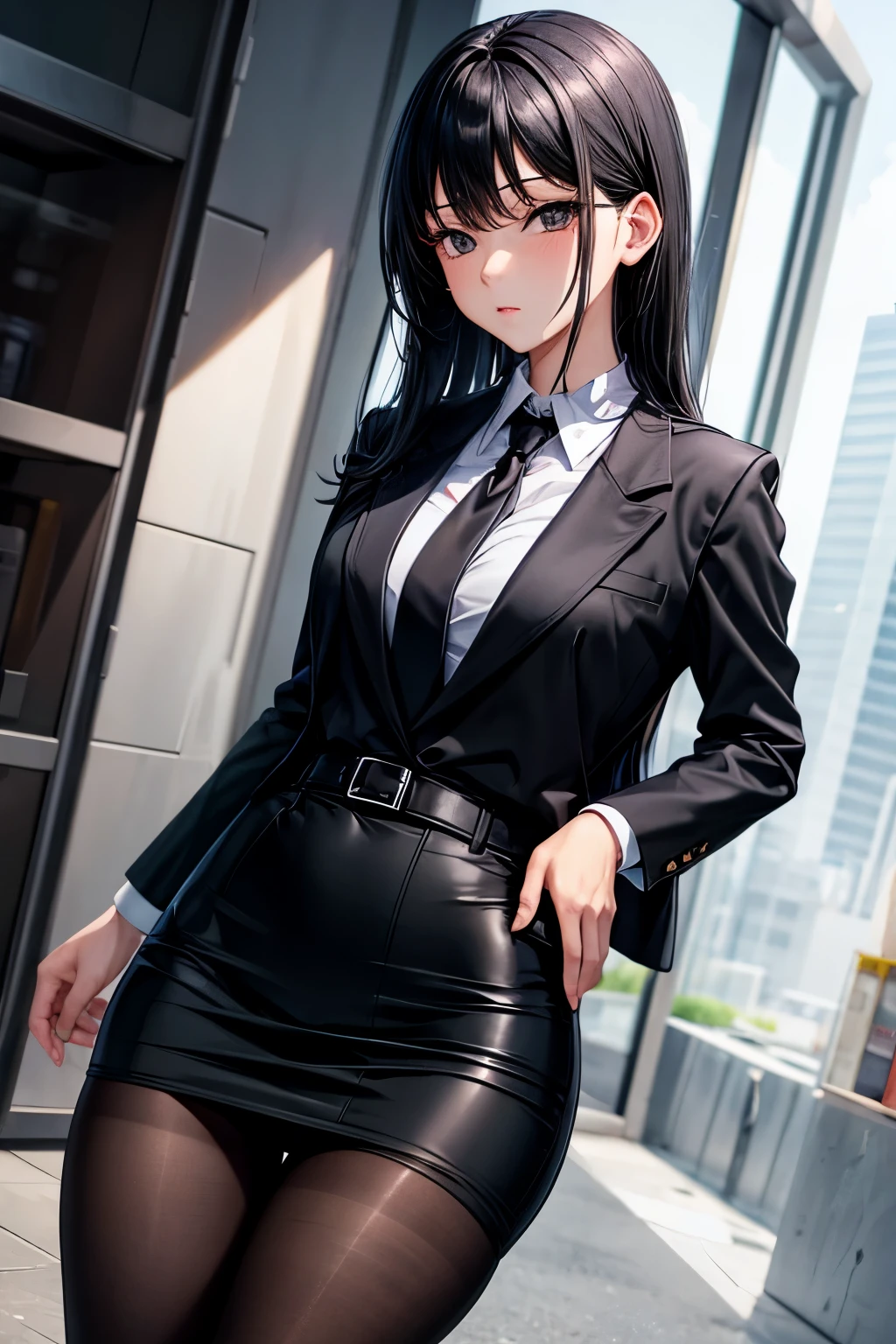 Black hair, black eyes, female, skirt suit, black pantyhose, tight skirt