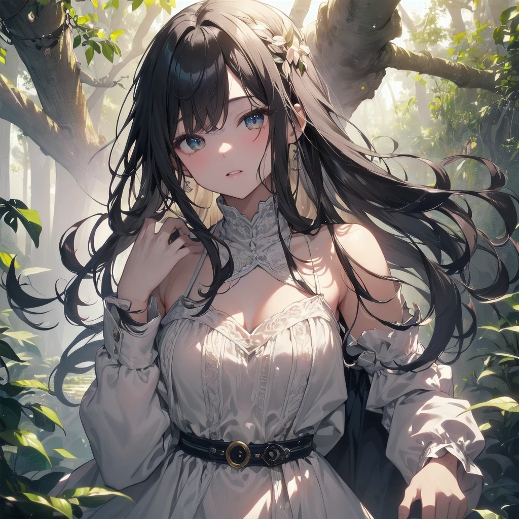 (Highest quality、masterpiece、High resolution、8K)、Vibrant colors、1 female、Long black hair、whole body、barefoot、thin、(Detailed face、Beautiful Eyes、Beautiful Nose、Pretty lips)、A woman in a white dress jumps high、Official Art、blue sky、Wide sandy beach、Wide forest、