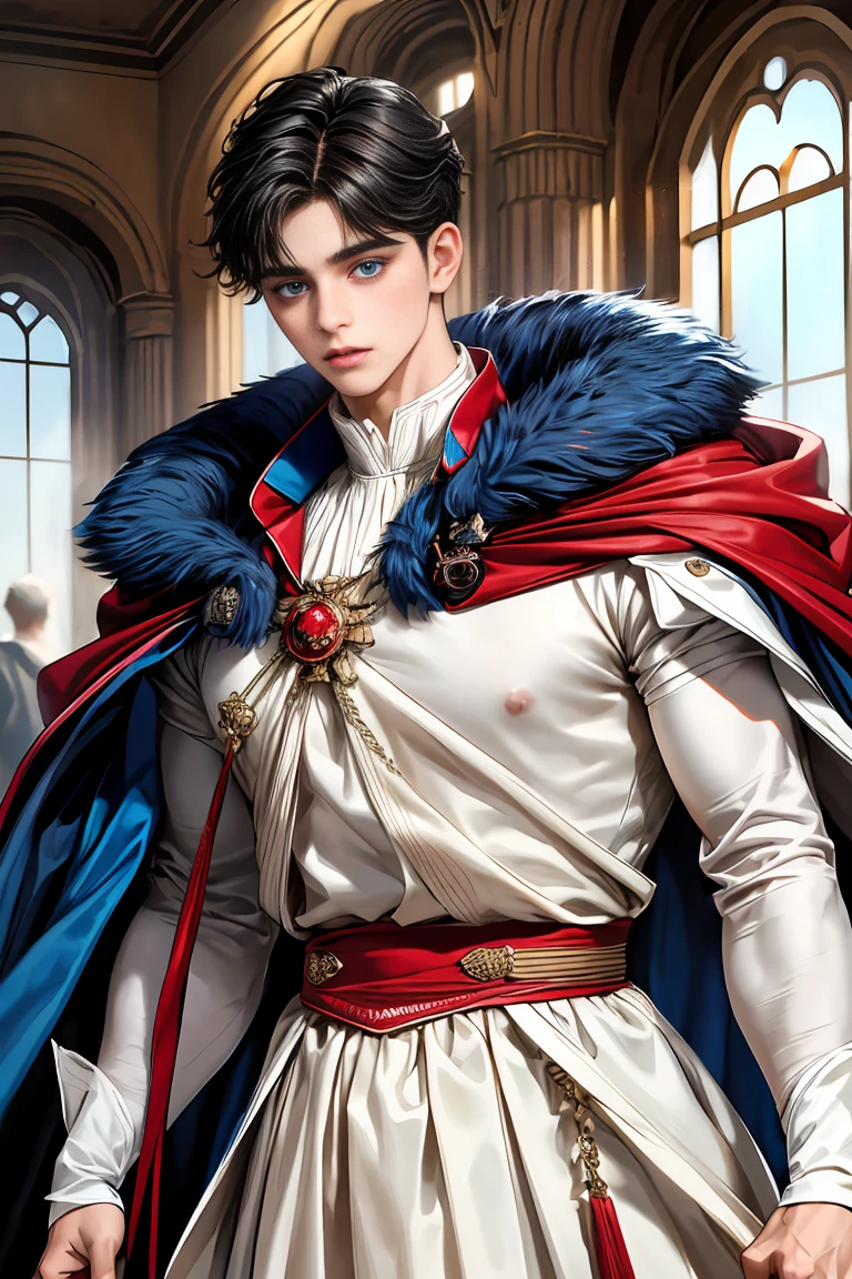 
masterpiece, 最high quality, high quality, 1 boy, alone, Male focus, Watching the audience,  Messy black hair, Adorable big blue eyes, White people, Noble, Noble,Sexy voluminous cape、vampire、A very voluminous, large, very large, very large, long, long red and black cape with a high stand-up collar, made of a lot of fabric that reaches down to the floor., ************,Cute beautiful boys,Cute, cute, kind, handsome guy