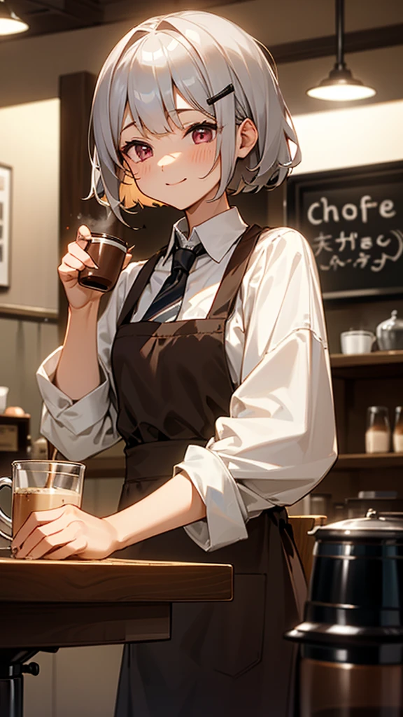 1girl、コーヒーショップで働くgirl、She is making coffee in a machine、smile、Upper body close-up、Coffee making、Perfect Face、Expressive eyes、Brown apron、Inside the coffee shop、Silver and bob short hairstyle、Tie your hair up with a hair clip、Pink Eyes、Perfect lighting、Warm colors、Tables and chairs、(Relaxed atmosphere)、White shirt、Barista、(The perfect coffee machine)、Steam coming out of the cup, Delicious coffee