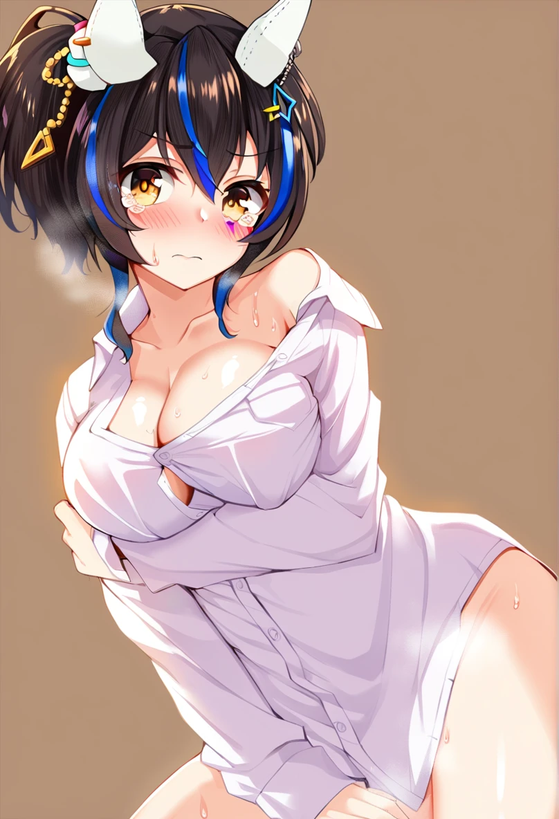 1Girl,solo,daitaku helios(umamusume), umamusume,ster, black hair, ponytail, horse ears, shiny skin, sweat, steam, large breasts, shirt, cleavage, tears, breast hold, naked shirt,blush, off shoulder, white shirt, looking at viewer, dress shirt, hair ornament, simple background, covering privates, bottomless, best quality, aesthetic, mid, recent