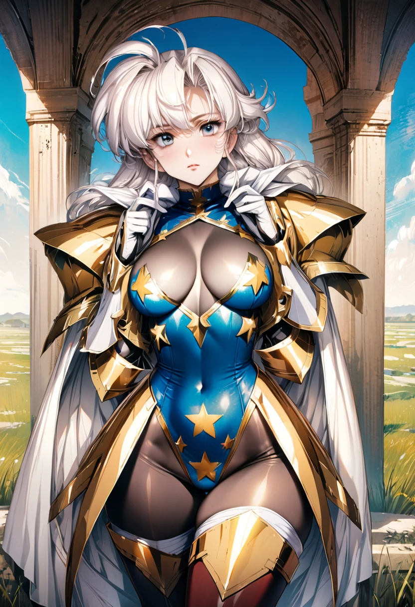 ((highest quality)), ((masterpiece)), ((hyperrealistic)), (detailed background), 1girl, ((curvy: 1.2)), ((sequin gold lame starry print leotard: 1.3)), ((catsuit leotard)), (long skirt dress), cloak de cour, gauntlet, gloves, white hair, ahoge, (large breasts), (see-through cleavage cutout), (zettai ryouiki armored thigh high boots), (pantyhose thighs), (pantyhose groin area), beautiful eyes, perfect face, Perfect hands, perfect fingers, Blue sky and grassland,