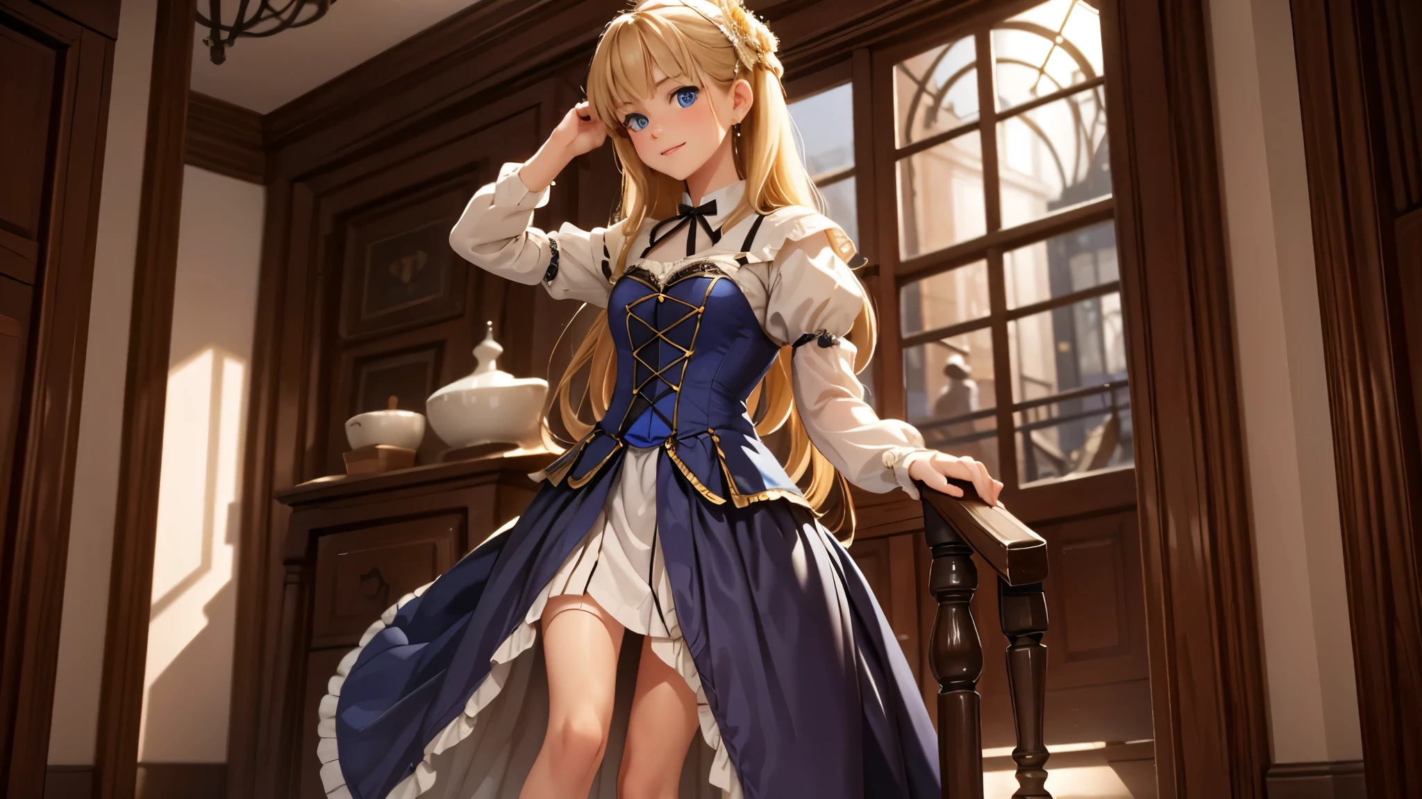 village realistic、Virginia Otis, 15 years, blonde hair, Blue eyes.、Victorian city, Europe. an aristocrat、looking up from below、 wear a dress made of transparent fabric with long sleeves、Various dynamic sexual positions、Face smile、cute face, Depicts the whole body、