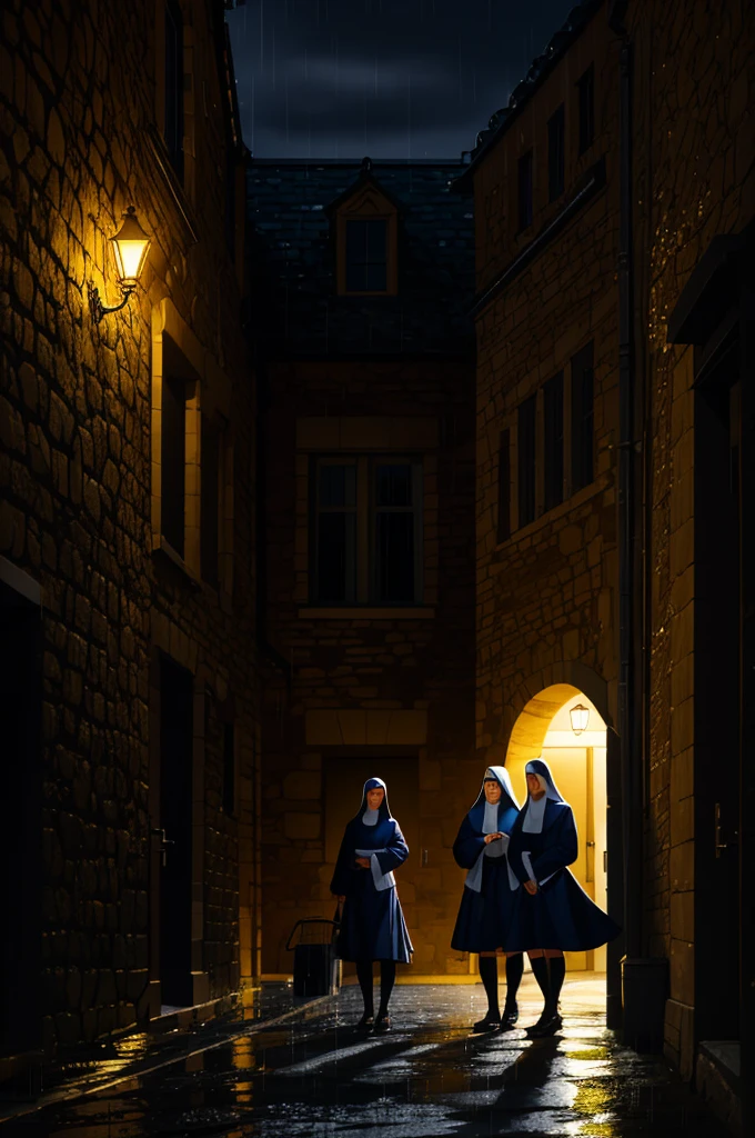 Several women in uniform in front of the convent courtyard at night and it was raining